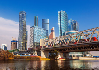 View of the Dorogomilovsky bridge across the Moscow river, the Moscow Central ring and the towers of Moscow-city, Moscow, Russian Federation