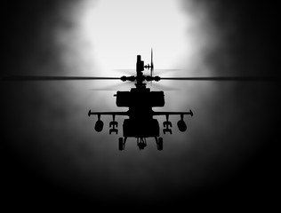 Silhouette of helicopter, soldiers rescue helicopter operations on sunset sky background. Copter in...