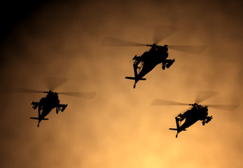 Fototapeta na wymiar Silhouette of helicopter, soldiers rescue helicopter operations on sunset sky background. Copter in smog. 3D illustration