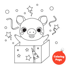 Coloring page. 2019 chinese New Year pig in gift box Educational children game. Drawing kids printable activity.