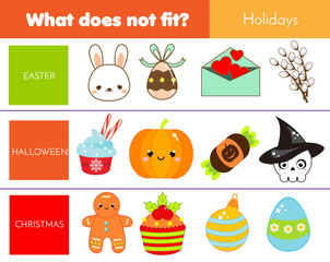 Educational children game. Logic game. What does not fit type. learning world holidays for kids and toddlers