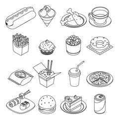 Lineart isometric fast food icons set design vector illustration