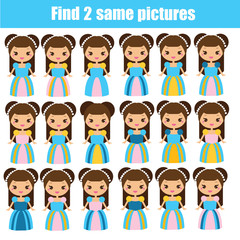 Find the same pictures children educational game. Find pairs of cute princess © ksuklein