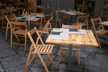Palermo, Italy - September 07, 2018 : Restaurant tables in La Vucciria market