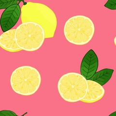 Lemons pattern with leaves on a pink background