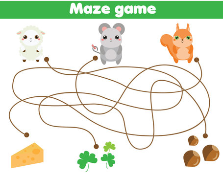 Maze Game. Help Animals Find Food. Activity For Children And Kids