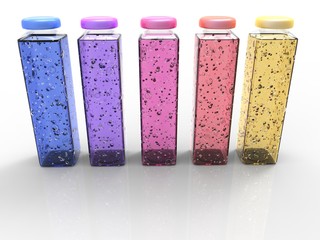 Bottle container with five colors of carbonated water with 3d rendering