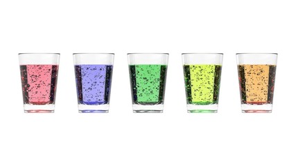 3d Modeling Multiple cups containing red, green, purple, yellow, orange carbonated water