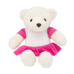 Cute teddy bear doll on white background and white uniform for design or put your photo.
