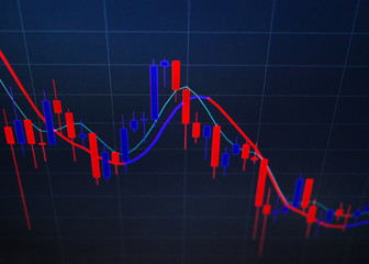 Red and blue candlestick chart, close-up