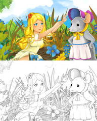 cartoon scwne with beautiful tiny elf girl on the meadow talking to some farmer mouse and cuckoo bird is flying over  - with coloring page - creative illustration for children
