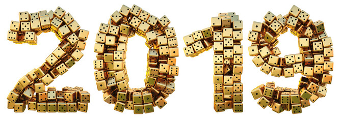 new 2019 year from the golden dice. isolated on white. 3D illustration.