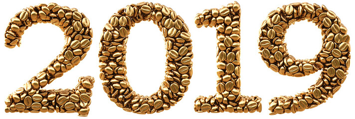 new 2019 year from gold coffee beans. isolated on white. 3D illustration