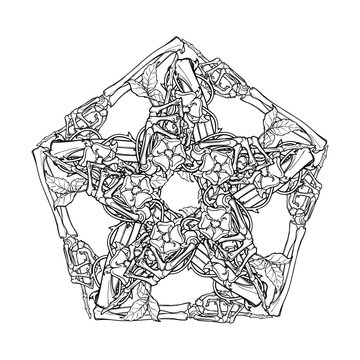 Halloween pentagrame. Human hand bones and dog-rose flowers arranged in an intricate gothic occult ornament. Tattoo design. Isolated on white background. EPS10 vector illustration