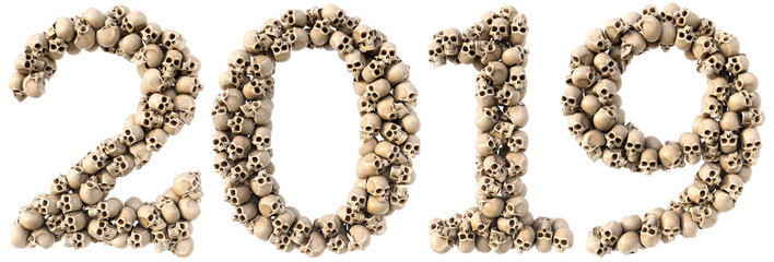 new year made from skulls. Isolated on white. 3D illustration.