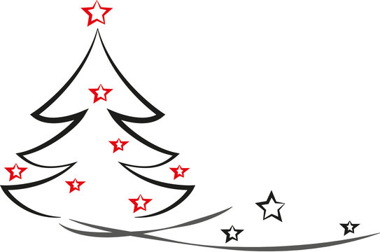 Frohe Weihnachten, xmas, x-mas, Weihnachtsbaum mit roten Sternen, Kalligrafie, Silhouette Tannenbaum, Einladung zur Familienfeier, Vektor isoliert
