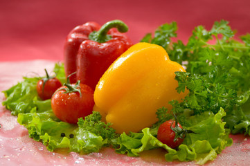 Овощи - помидоры, перец, салат, петрушка на красном фоне Vegetables - tomatoes, peppers, lettuce, parsley on a red background