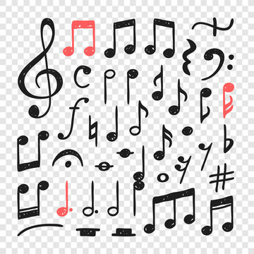 Hand drawn music notes illustration. Doodle set of symbols. Creative ink art work. Actual vector drawing