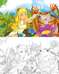 Plakat cartoon scene with beautiful tiny elf girl on the meadow talking to dumbledore bug - with coloring page - creative illustration for children