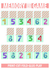 Memory card game. Numbers. Printable A4 vertical portrait page. Vector