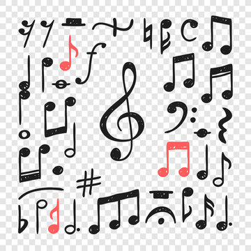 Hand drawn music notes illustration. Doodle set of symbols. Creative ink art work. Actual vector drawing