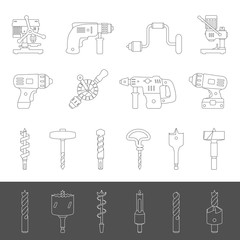 Line Icons - Different types of drills and drill bits