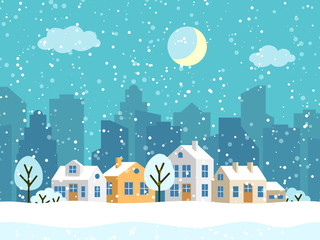 Obraz na płótnie Canvas Christmas winter landscape with small houses. Snowy evening village. Vector illustration