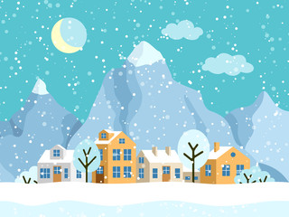 Christmas winter landscape with small houses. Snowy evening village with mountains. Vector illustration
