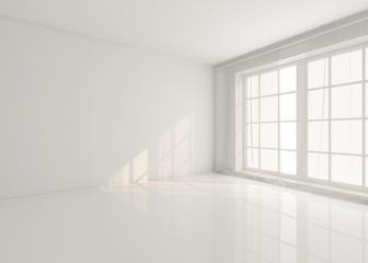 Fototapeta na wymiar Empty white room with window and curtains. Mockup, template. 3d render.