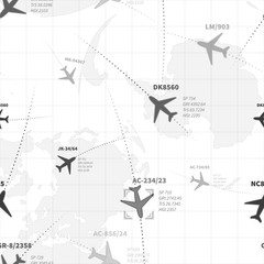 Detaillierte monochrome Radarkarte mit Flugzeugen, nahtloses Muster auf Weiß