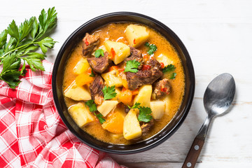 Beef stew with vegetables (goulash) carrot, pototo and pumpkin.