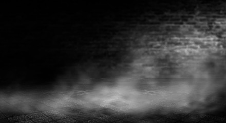 Background of an empty room with a brick wall, searchlight lights, neon light.