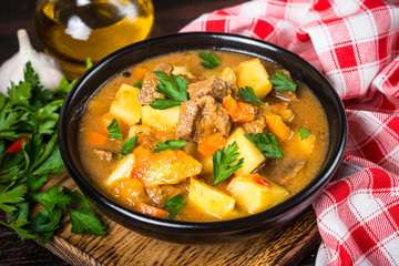 Goulash with meat and vegetables. Beef stew.