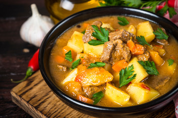 Goulash with meat and vegetables. Beef stew.