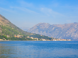 Beautiful views of the mountains and the coast in the Bay of Kotor in Montenegro