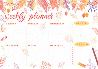 Trendy weekly planner with autumn leaves and floral elements in fall colors.Perfect template for organizer and schedule with notes.Unique vector illustration for effective planning.