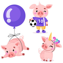 Obraz premium Set of cute cartoon pigs. Piggy football player with the ball, piggy flying on a balloon, pig in a unicorn costume. Vector illustration for calendar, card, banner, postcard. Chinese New year