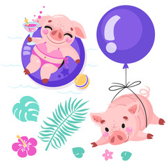 Set of cute cartoon pigs. Piggy on the beach with a cocktail, piggy flying on a balloon. Vector illustration for calendar, card, banner, postcard and printable. Chinese New Year.