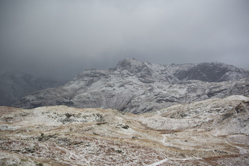 Winter in the Langdale valley, English Lake District with low cloud and light snow dusting the fells