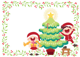 cheerful children and Christmas tree illustration vector