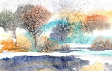 Watercolor landscape. Morning in the forest around the lake.