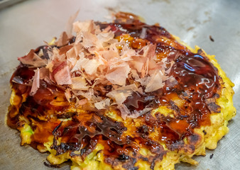 Okonomiyaki on hot pan