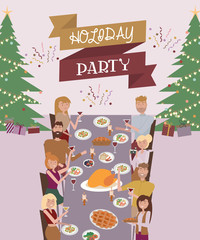 Holiday party poster with people sitting at table laughing, eating food, drinking wine and talking to each other. Christmas dinner with family. Editable vector illustration