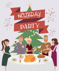 Holiday party poster with people sitting at table laughing, eating food, drinking wine and talking to each other. Christmas dinner with family. Editable vector illustration