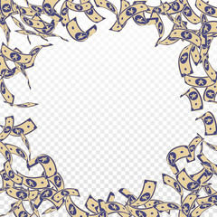 Chinese yuan notes falling. Floating CNY bills on 