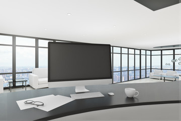 Blank computer on reception desk