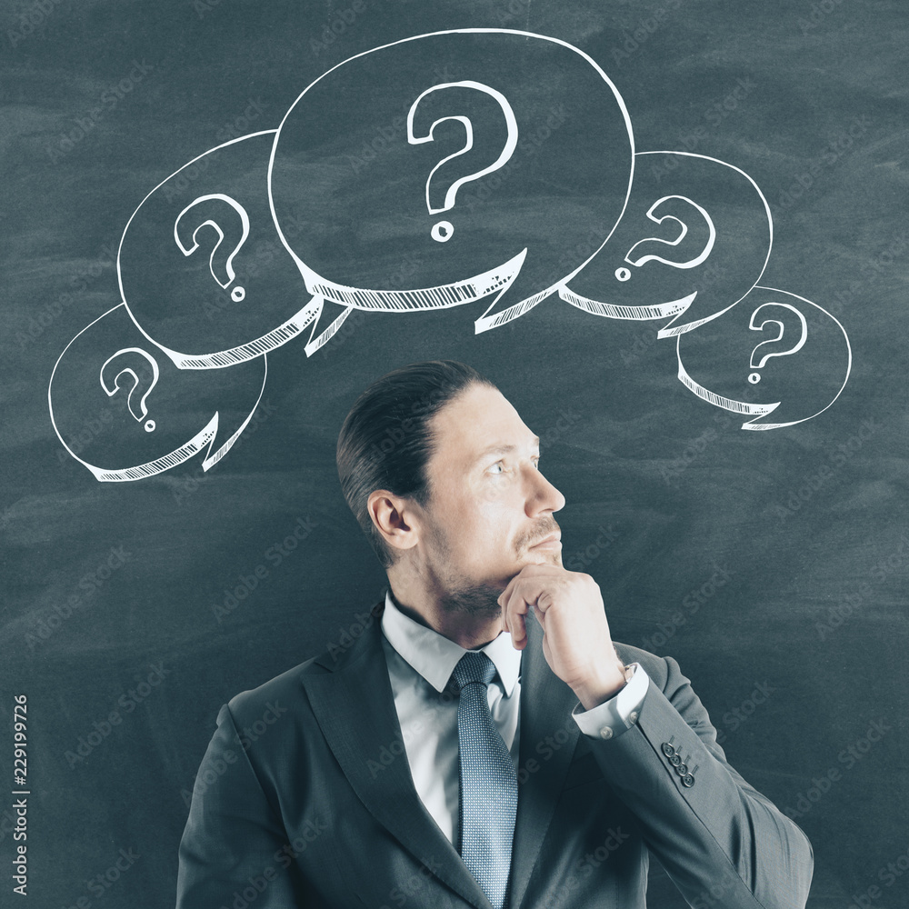 Poster attractive man with question marks