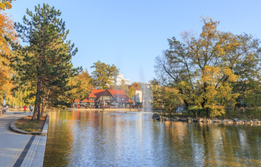 Fototapeta na wymiar Opole - Autumn view of Barlicki Pond near the Piast Tower and amphitheater