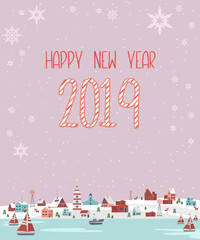 Happy New Year greeting card with winter landscape and houses in the Scandinavian style. Editable vector illustration