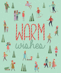 Cute Merry Christmas greeting card with winter landscape and active people. Warm wishes greeting card. Editable vector illustration